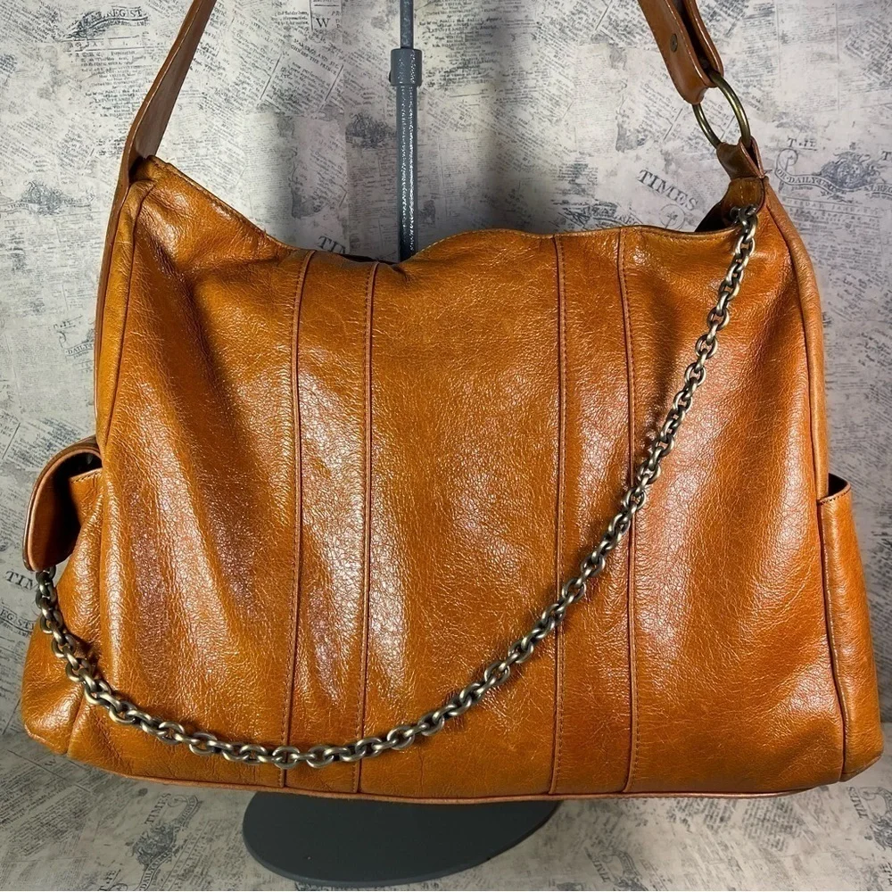 Vintage BCBGMAXAZRIA Large Leather Hobo Bag Chain Strap Slouchy Y2K Shoulder Bag